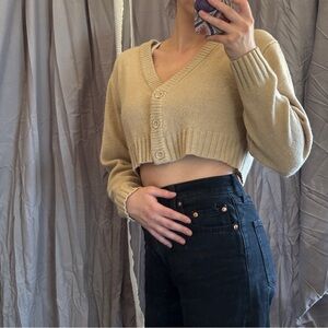 H&M Divided Cropped V-Neck Button Cardigan - Beige